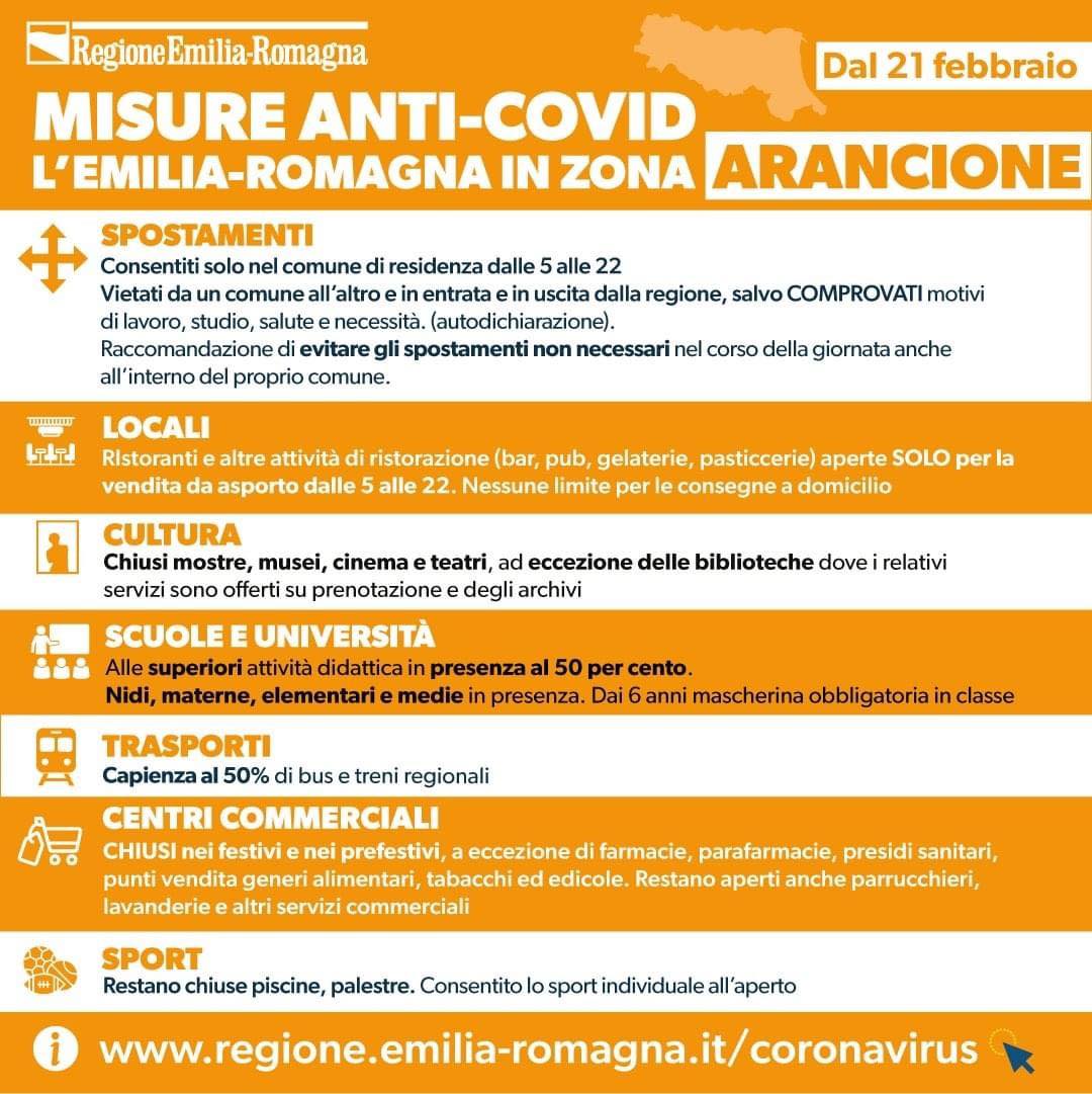 Covid, Emilia-Romagna in zona arancione da domenica 21 febbraio 2021
