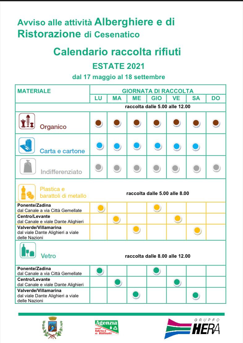 Nuovo calendario per la raccolta rifiuti delle attività